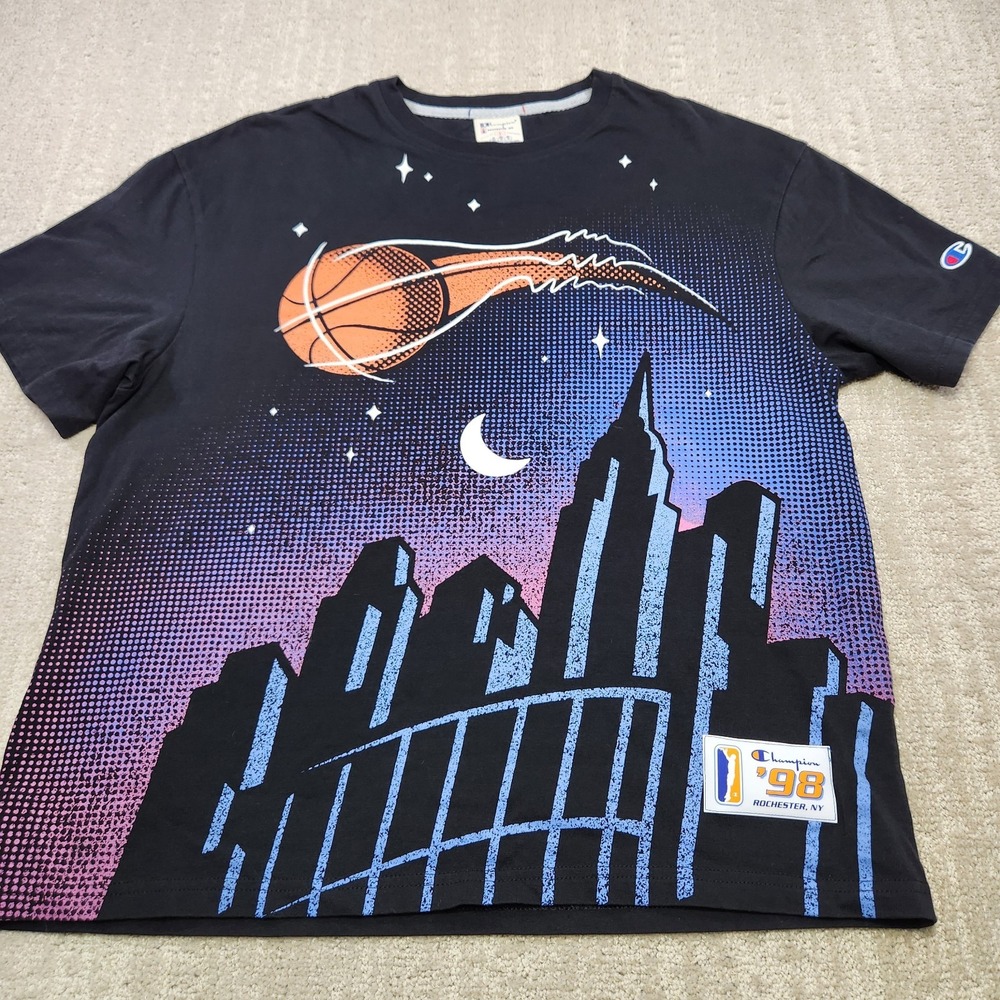 Champion Shirt Men Small‎ Retro Basketball Rochester New York Skyline Tee Black